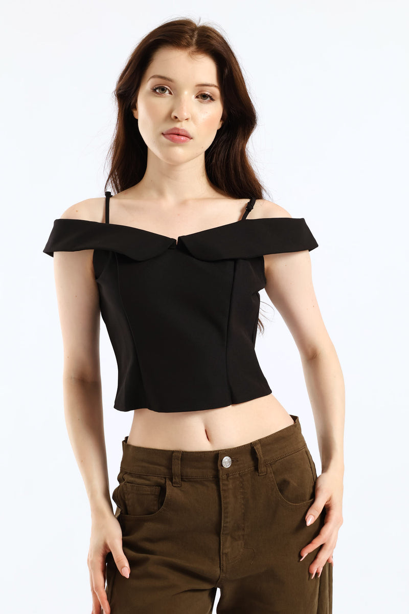 Cropped Off The Shoulder Woven Top - Black