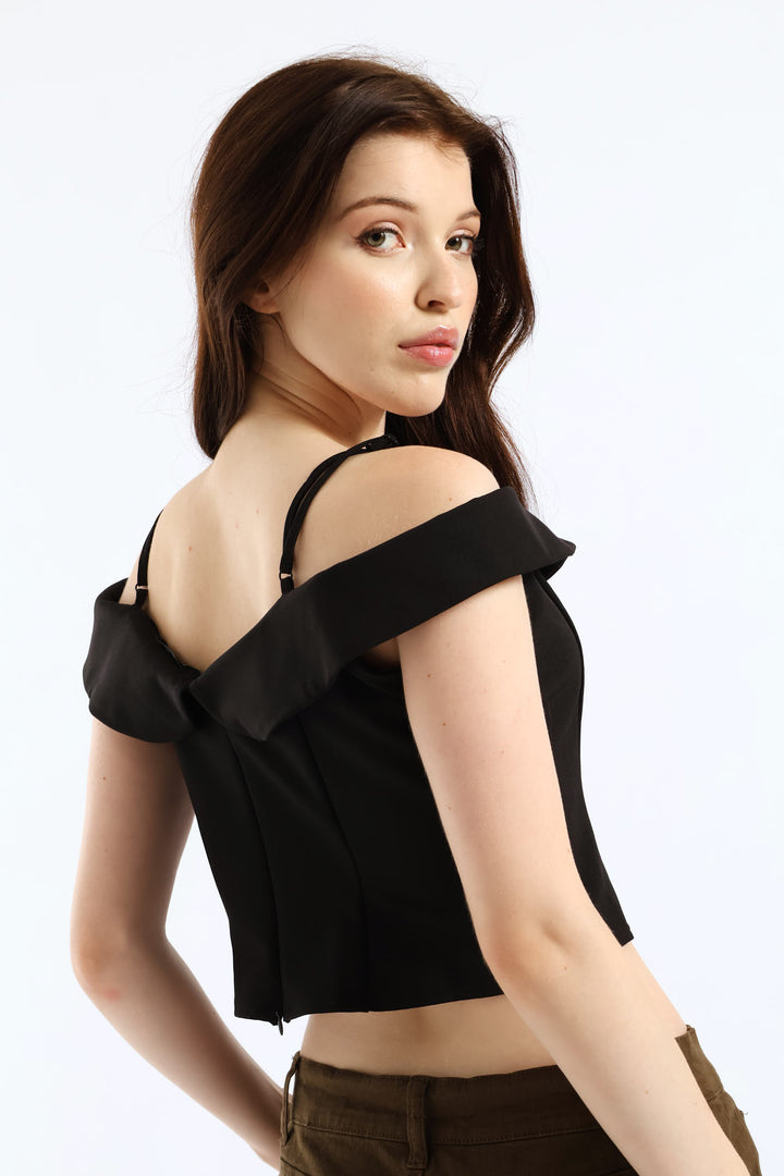 Cropped Off The Shoulder Woven Top - Black