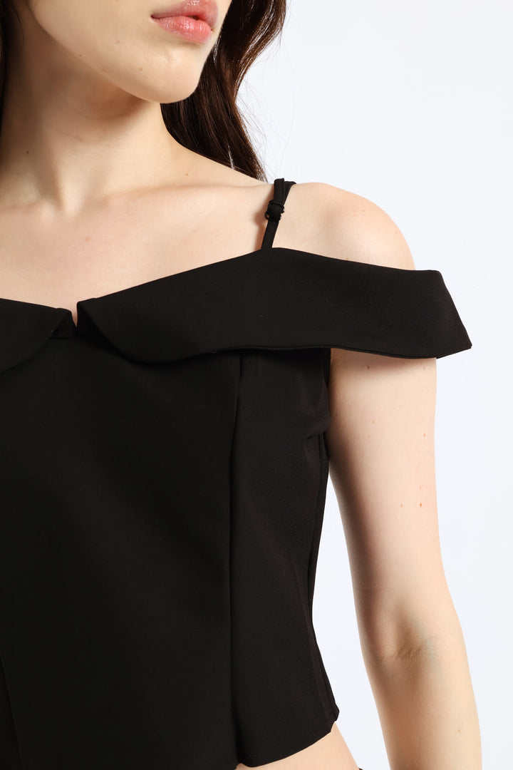 Cropped Off The Shoulder Woven Top - Black