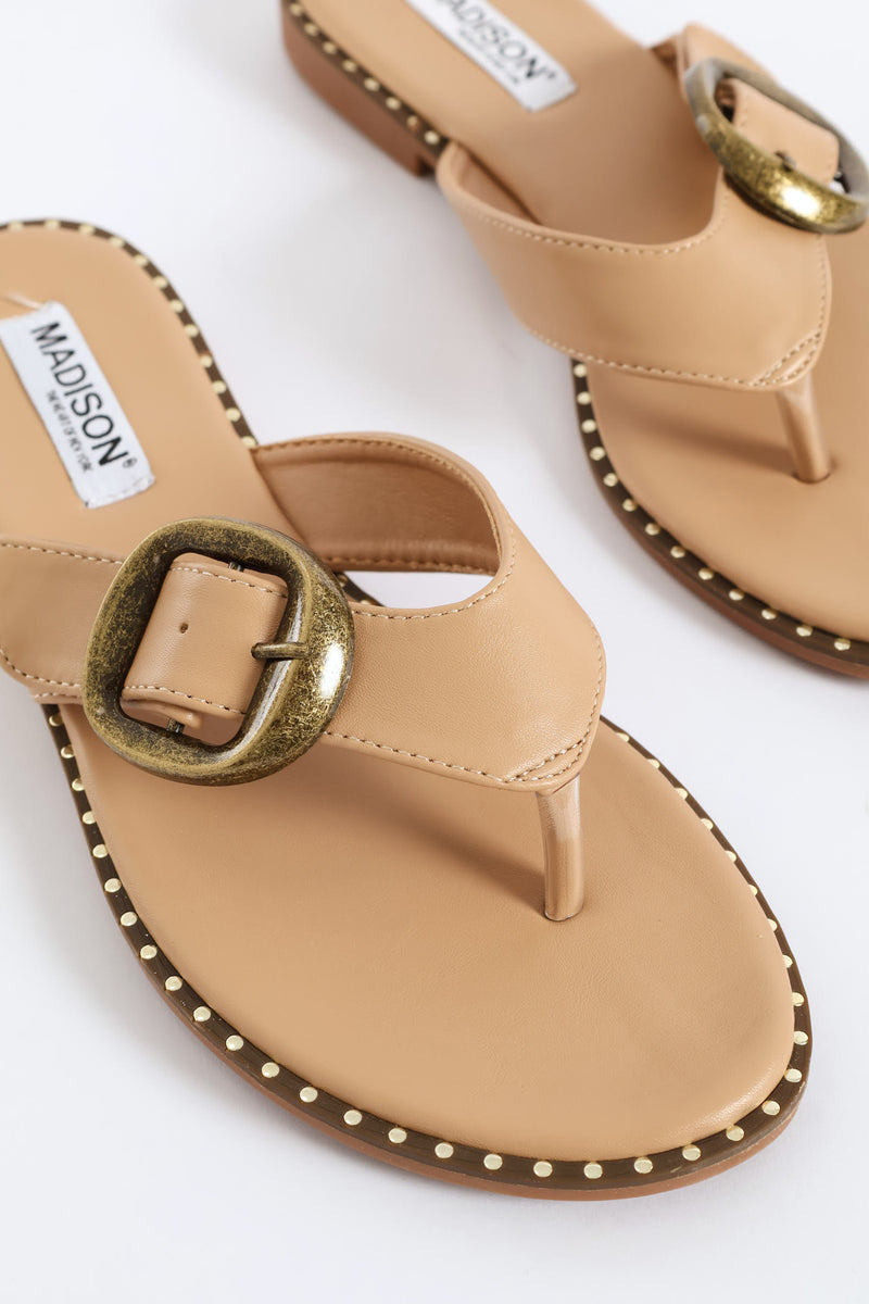Buckle Detail Thong Sandal - Nude