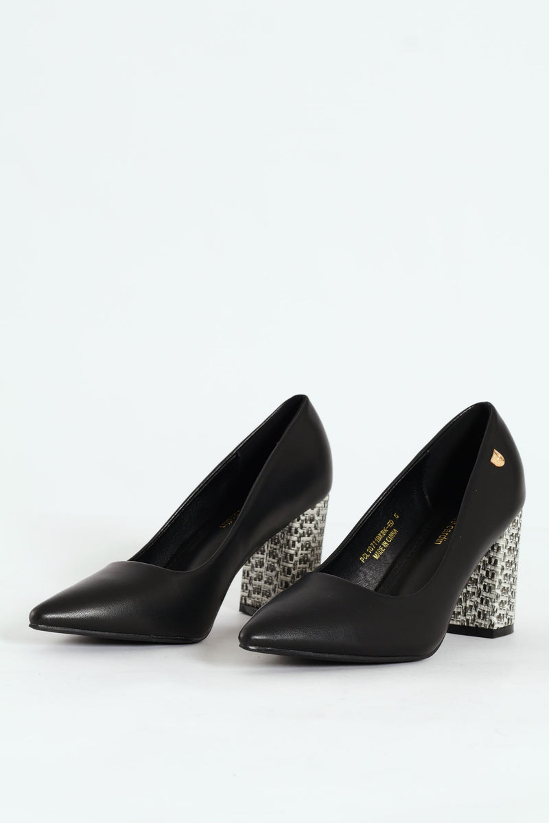 Bella Pointed Toe Court Raffia Block Heel- Black