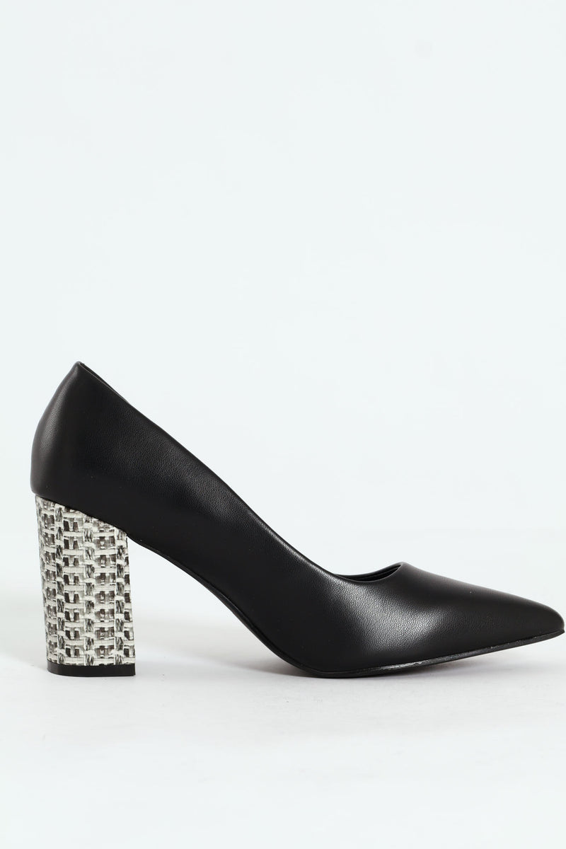 Bella Pointed Toe Court Raffia Block Heel- Black