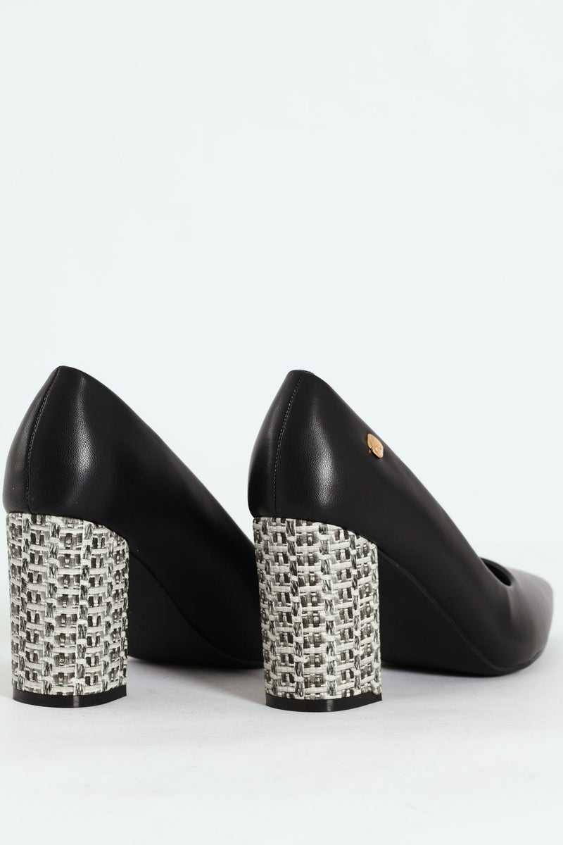Bella Pointed Toe Court Raffia Block Heel- Black