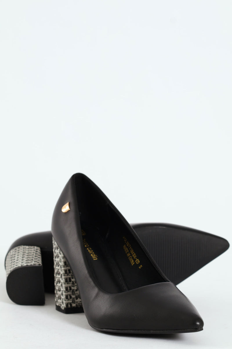 Bella Pointed Toe Court Raffia Block Heel- Black