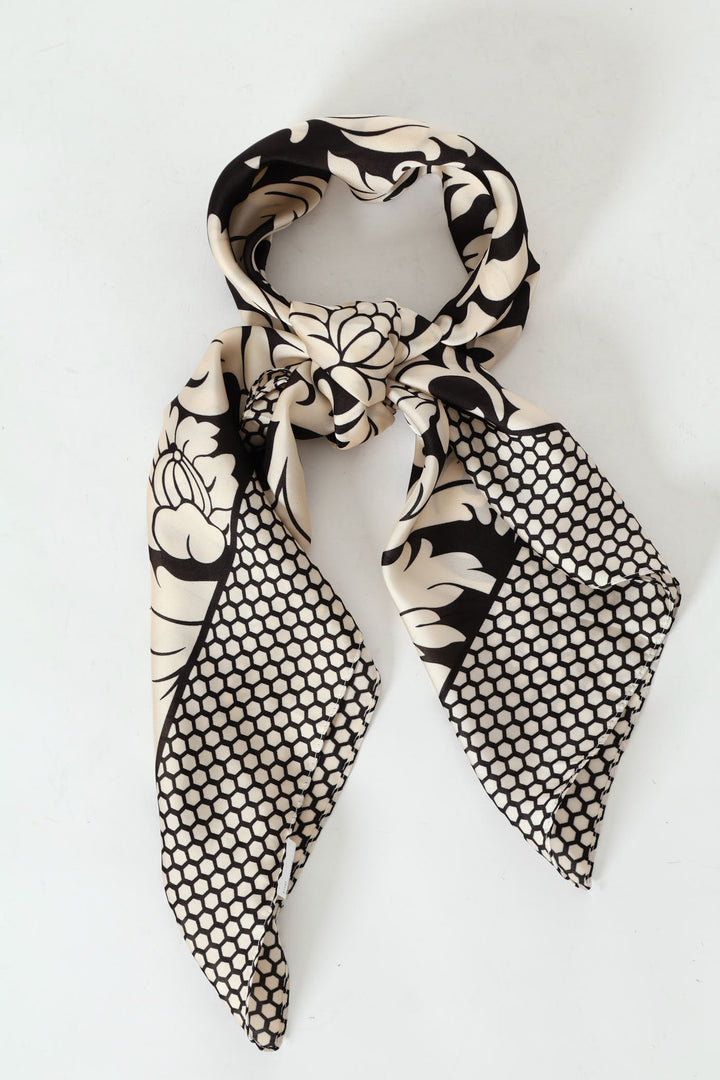 Polka Boarder Floral Print Scarf 90 X 90 - Black