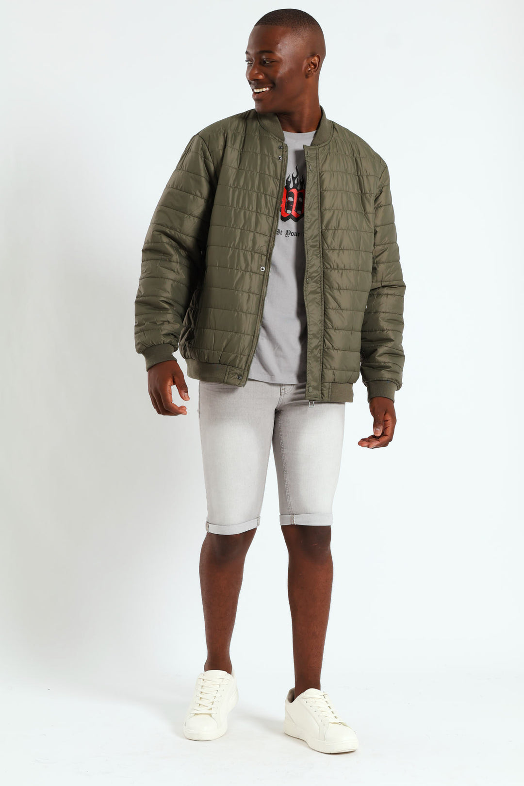 Quilted Press Stud Sherpa Lined Bomber - Olive
