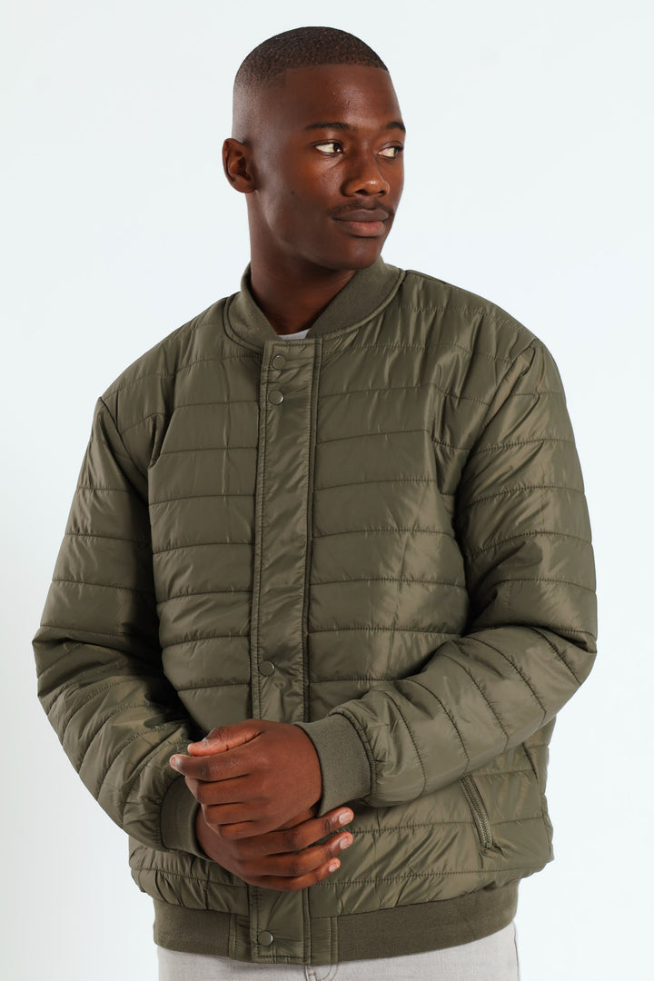 Quilted Press Stud Sherpa Lined Bomber - Olive