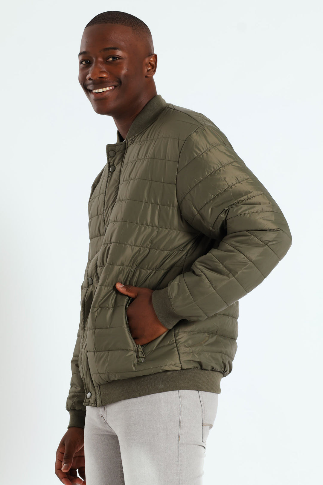 Quilted Press Stud Sherpa Lined Bomber - Olive
