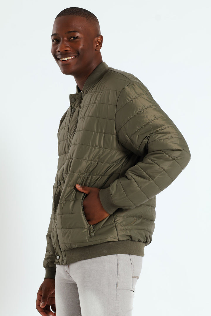 Quilted Press Stud Sherpa Lined Bomber - Olive