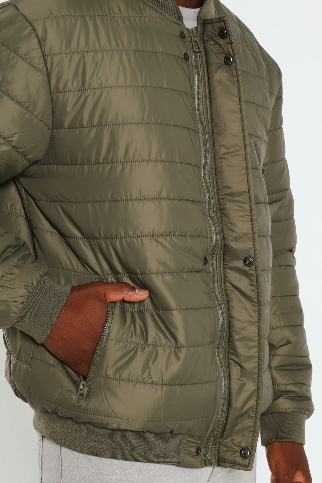 Quilted Press Stud Sherpa Lined Bomber - Olive