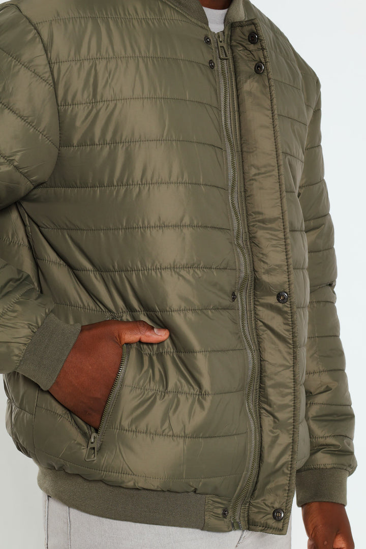 Quilted Press Stud Sherpa Lined Bomber - Olive