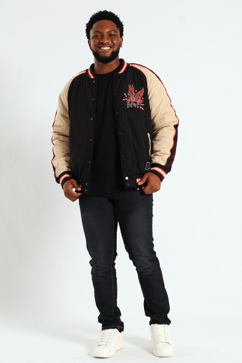 Satin Eagle Embroidered Jacket - Black