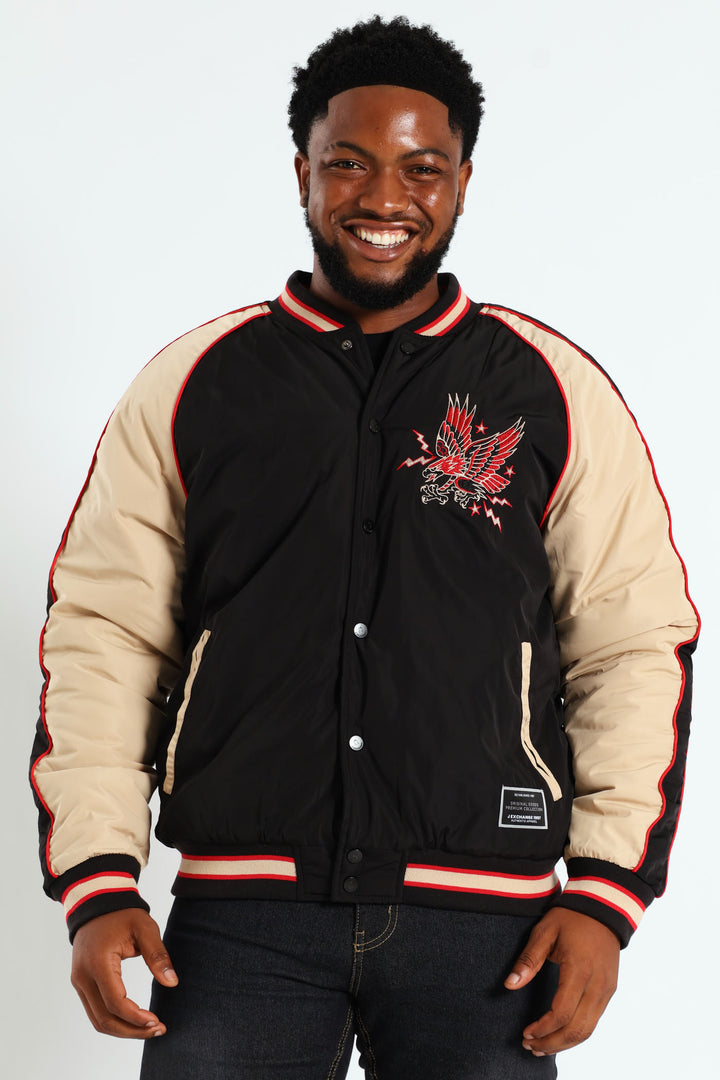 Satin Eagle Embroidered Jacket - Black