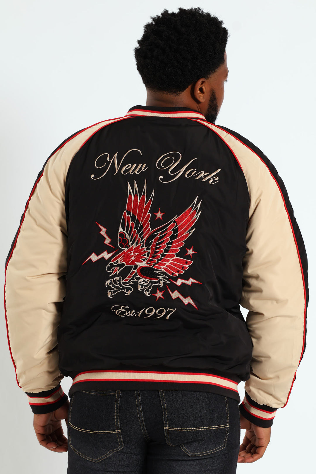Satin Eagle Embroidered Jacket - Black