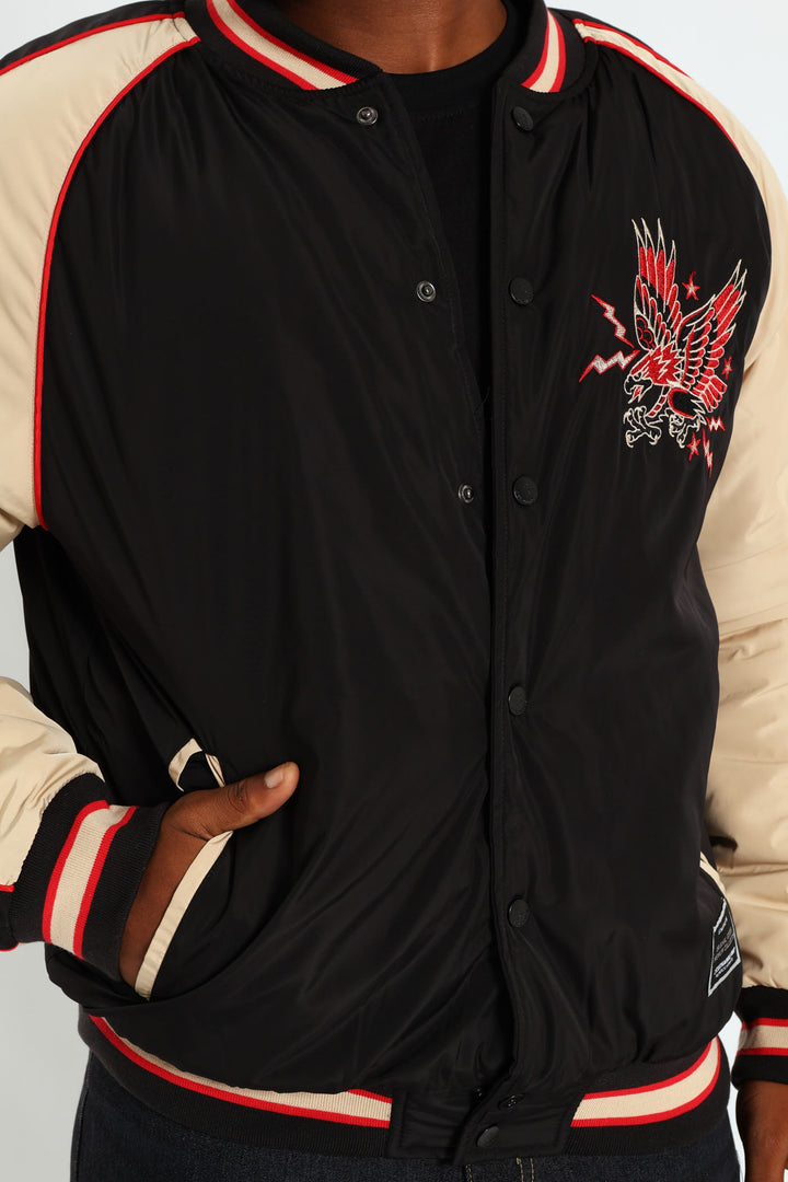 Satin Eagle Embroidered Jacket - Black