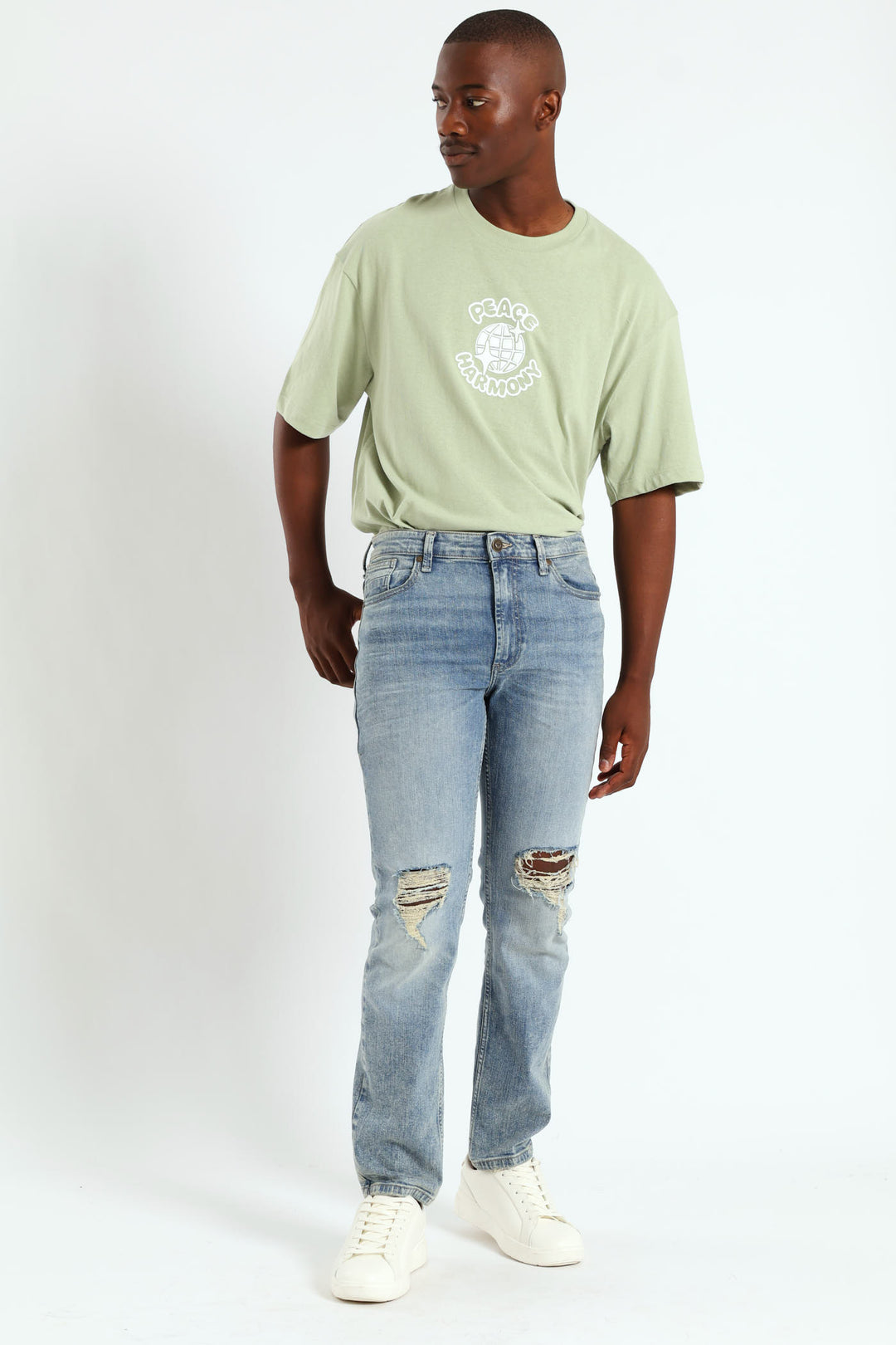 Mid Wash Knee Rip & Repair Denim - Med Wash