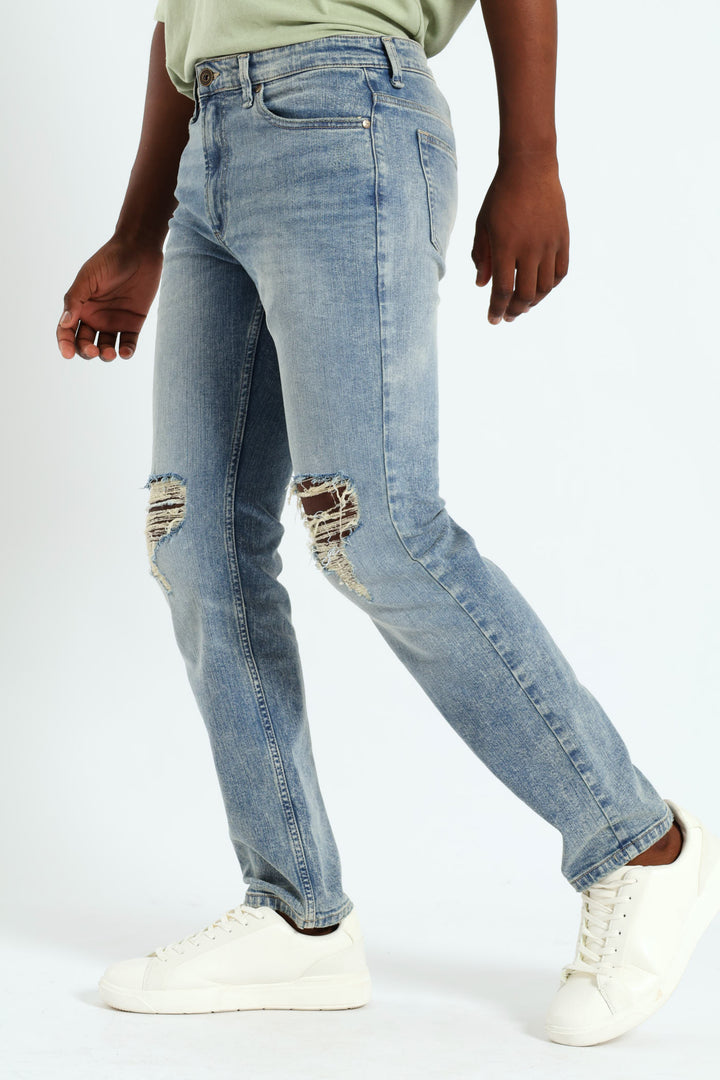 Mid Wash Knee Rip & Repair Denim - Med Wash