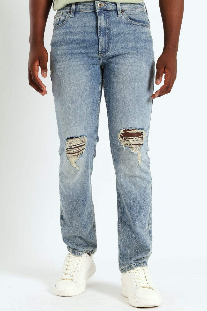 Mid Wash Knee Rip & Repair Denim - Med Wash