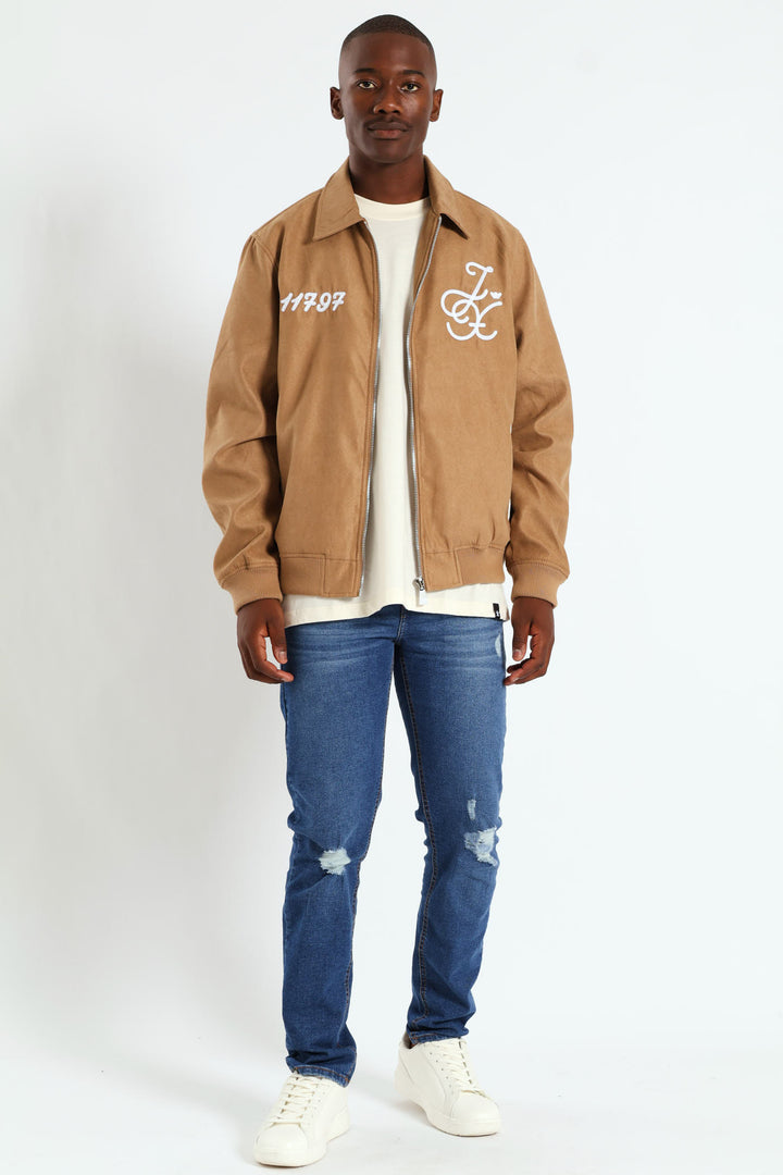 Suede Emroidery Baseball Jacket - Camel