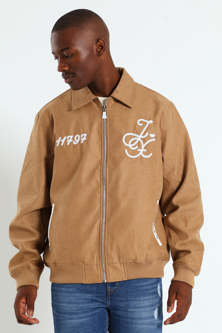 Suede Emroidery Baseball Jacket - Camel