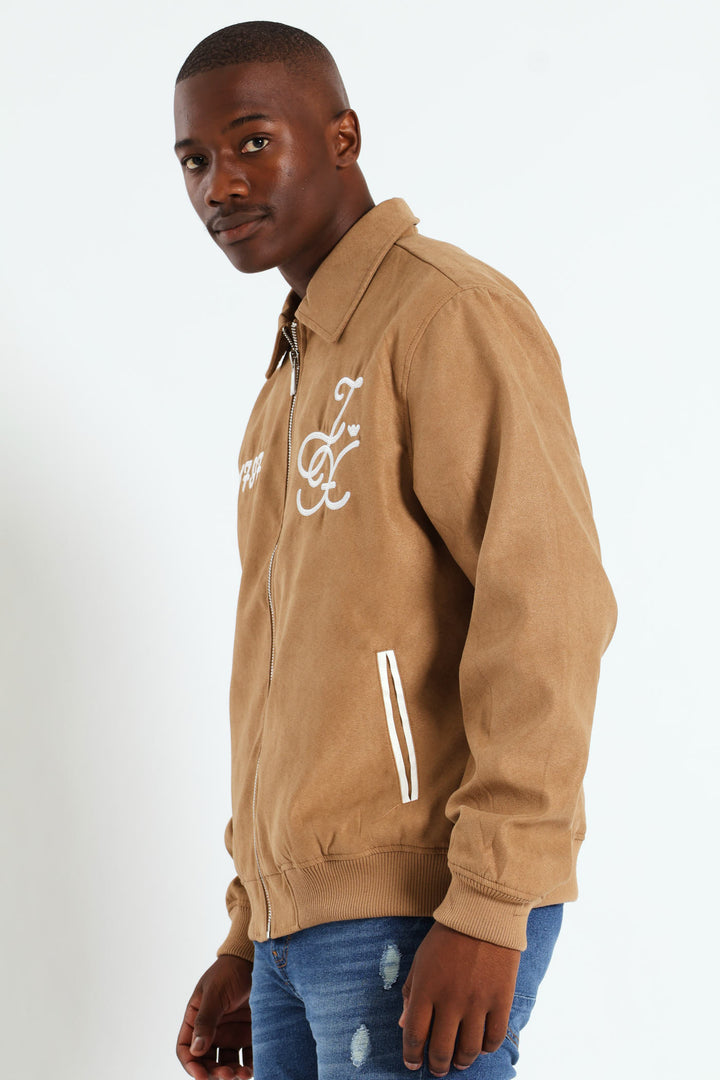 Suede Emroidery Baseball Jacket - Camel