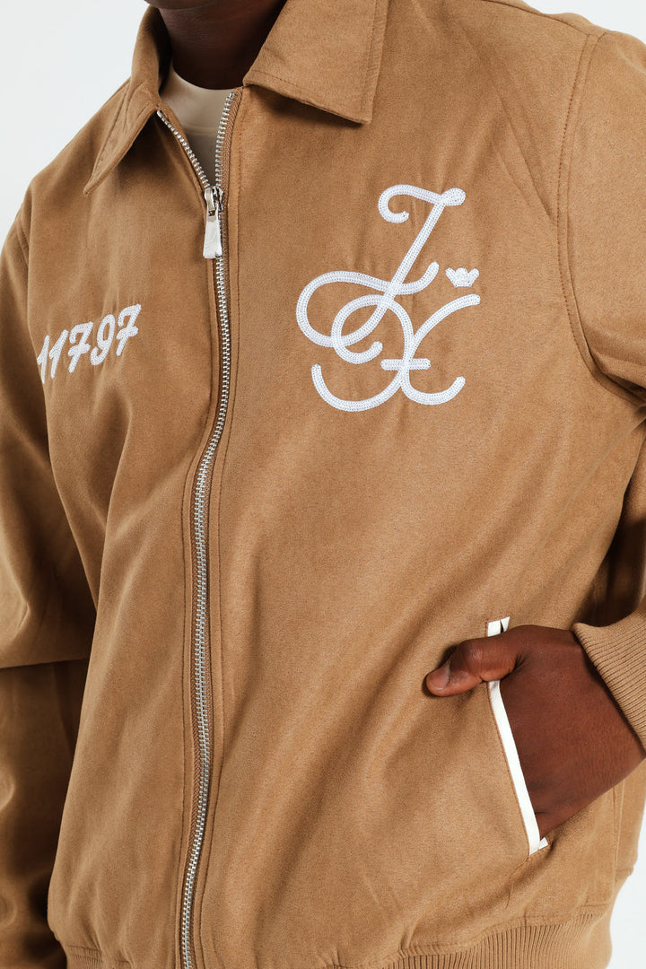Suede Emroidery Baseball Jacket - Camel