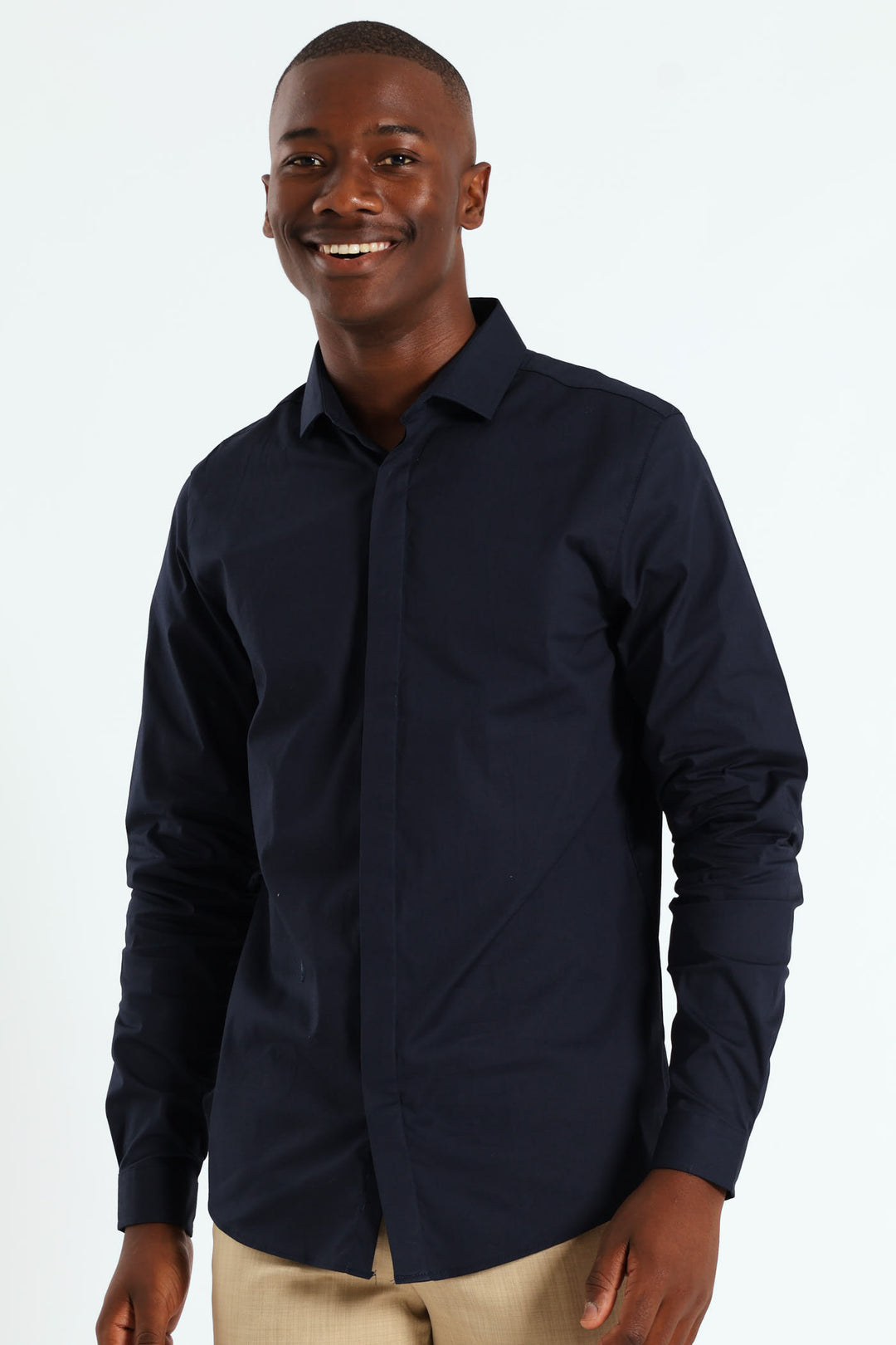 Stretch Concealed Placket Shirt - Navy