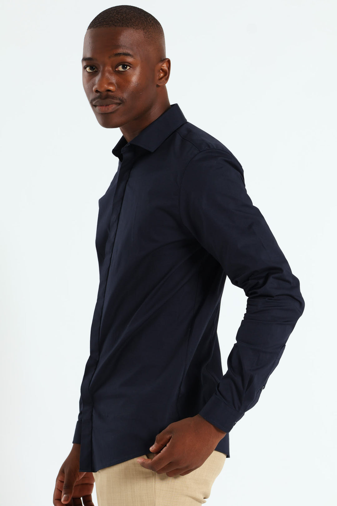 Stretch Concealed Placket Shirt - Navy