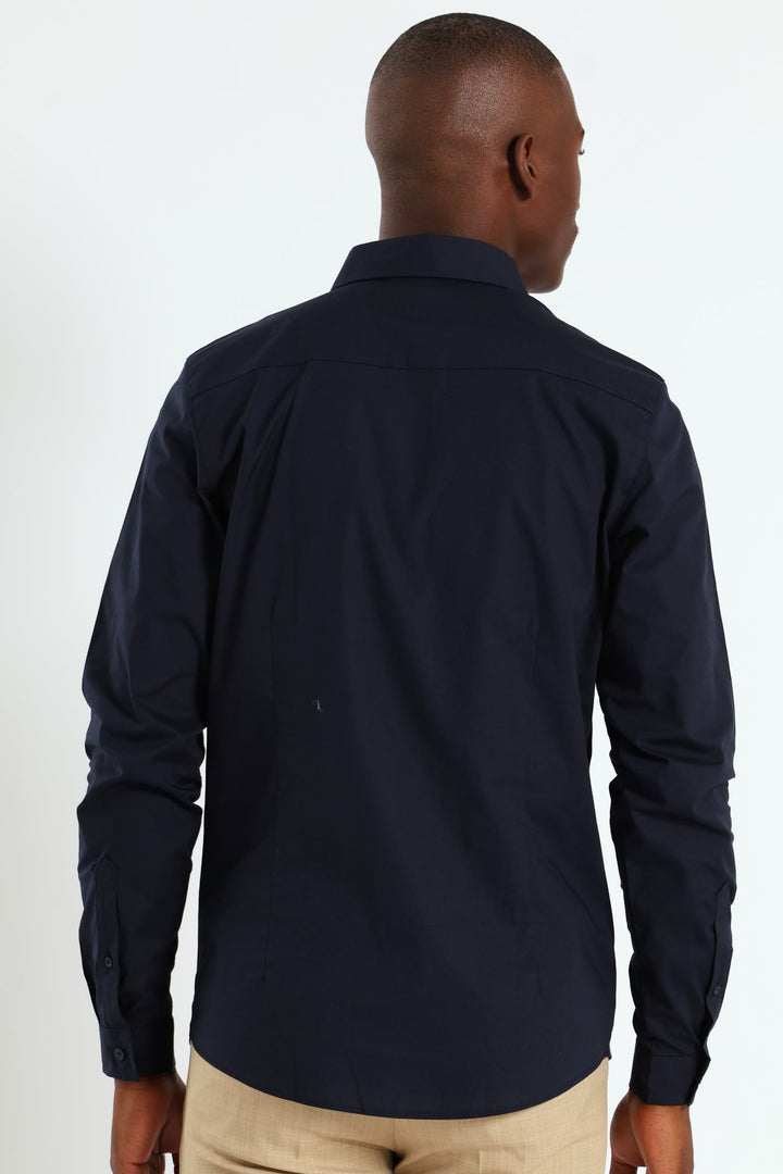 Stretch Concealed Placket Shirt - Navy