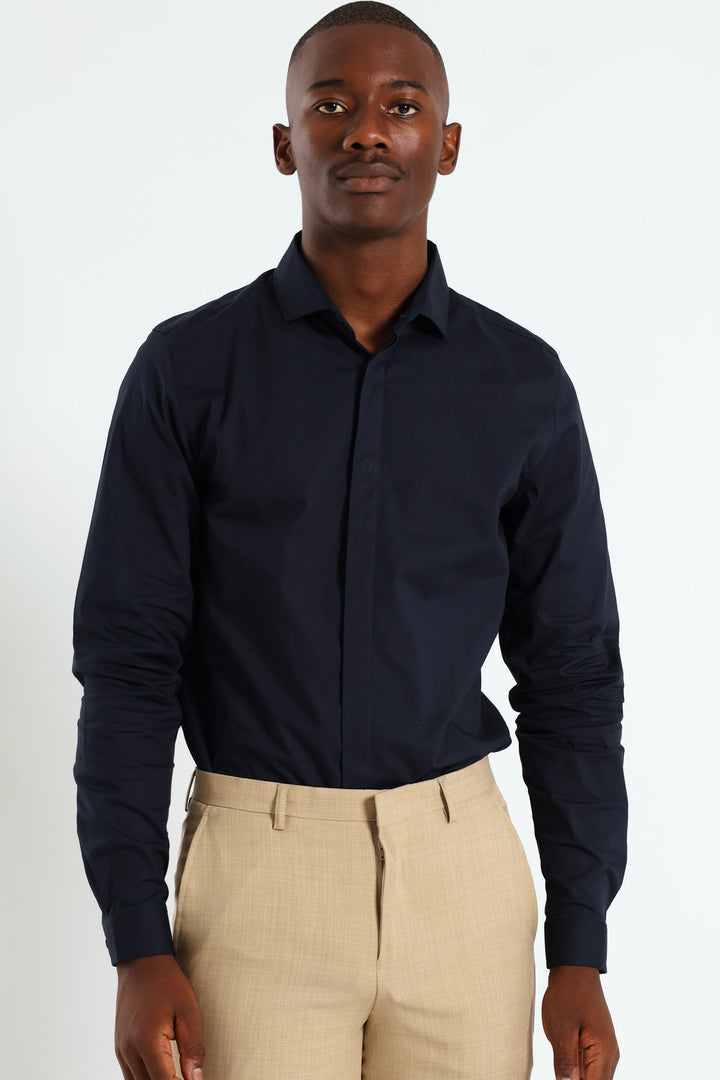 Stretch Concealed Placket Shirt - Navy