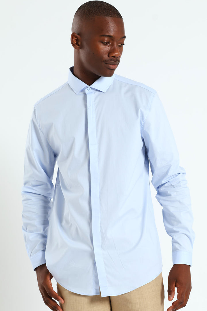 Stretch Concealed Placket Shirt - Light Blue