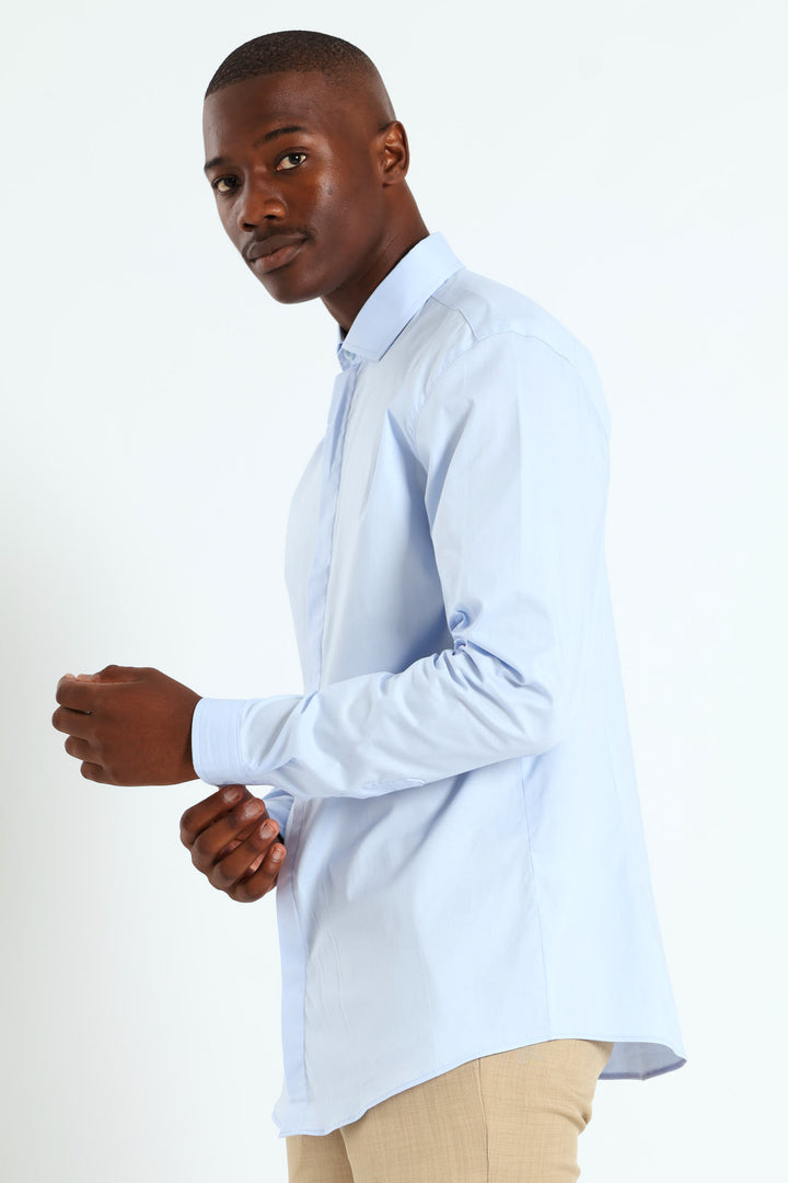 Stretch Concealed Placket Shirt - Light Blue