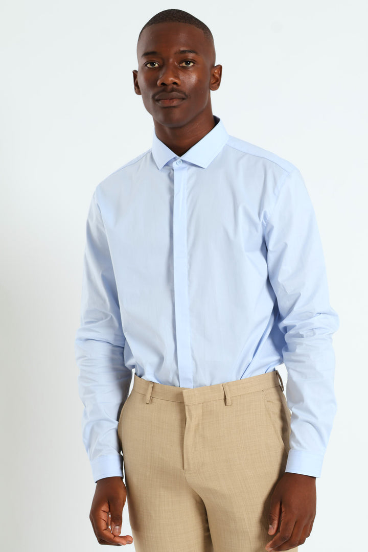 Stretch Concealed Placket Shirt - Light Blue