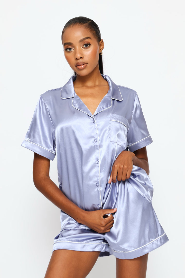 Satin Short Sleeve Button Through & Short Set - Blue