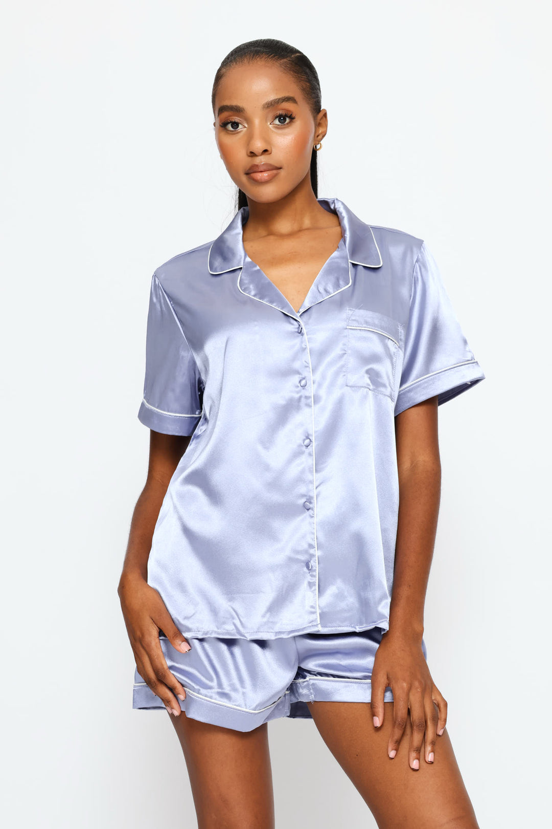 Satin Short Sleeve Button Through & Short Set - Blue