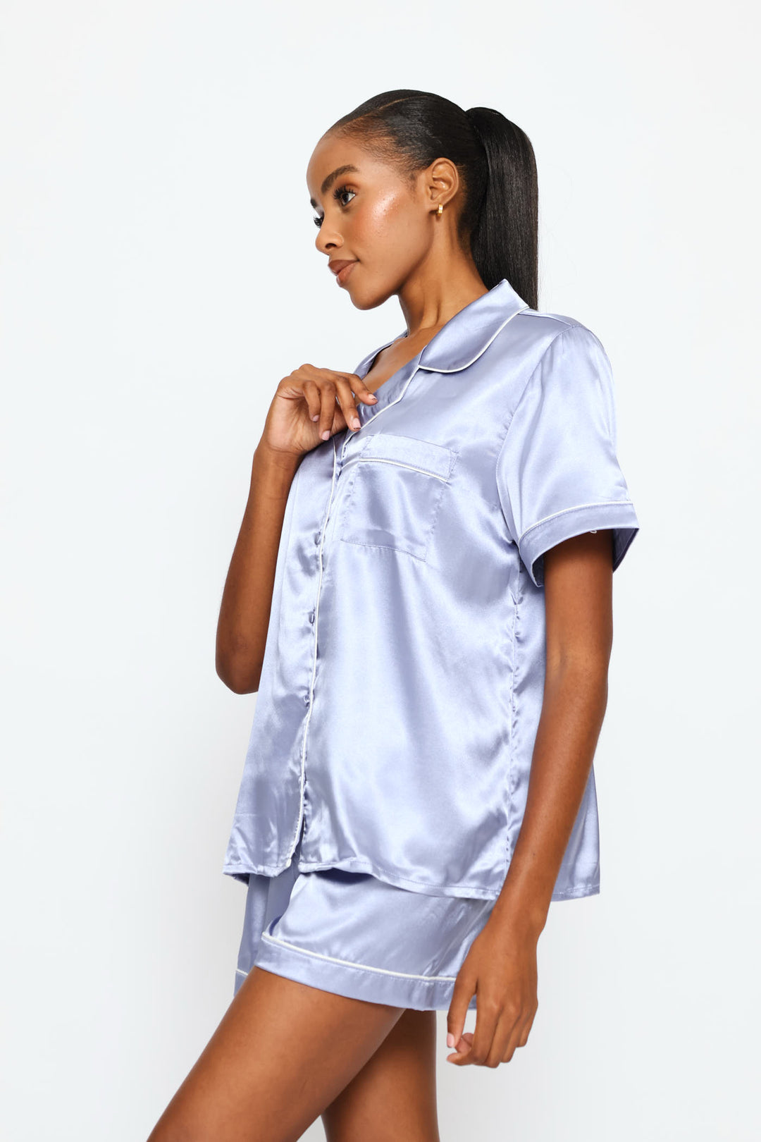 Satin Short Sleeve Button Through & Short Set - Blue