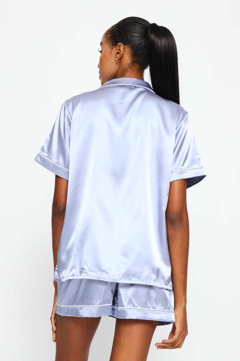 Satin Short Sleeve Button Through & Short Set - Blue