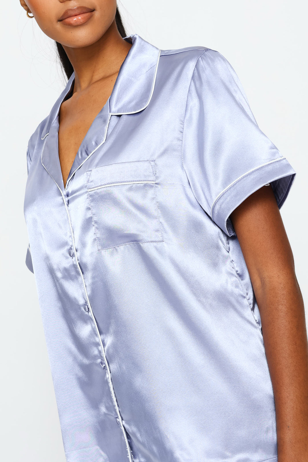 Satin Short Sleeve Button Through & Short Set - Blue