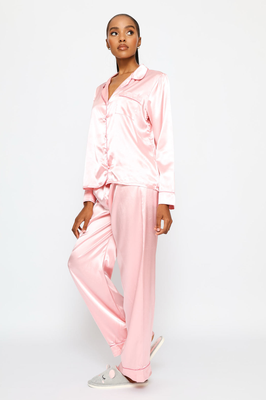 Long Sleeve Satin Button Through & Pant Set - Pink