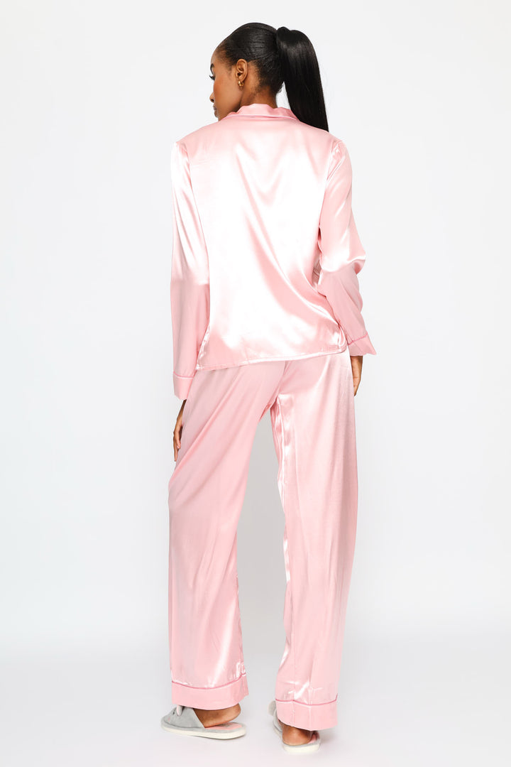 Long Sleeve Satin Button Through & Pant Set - Pink
