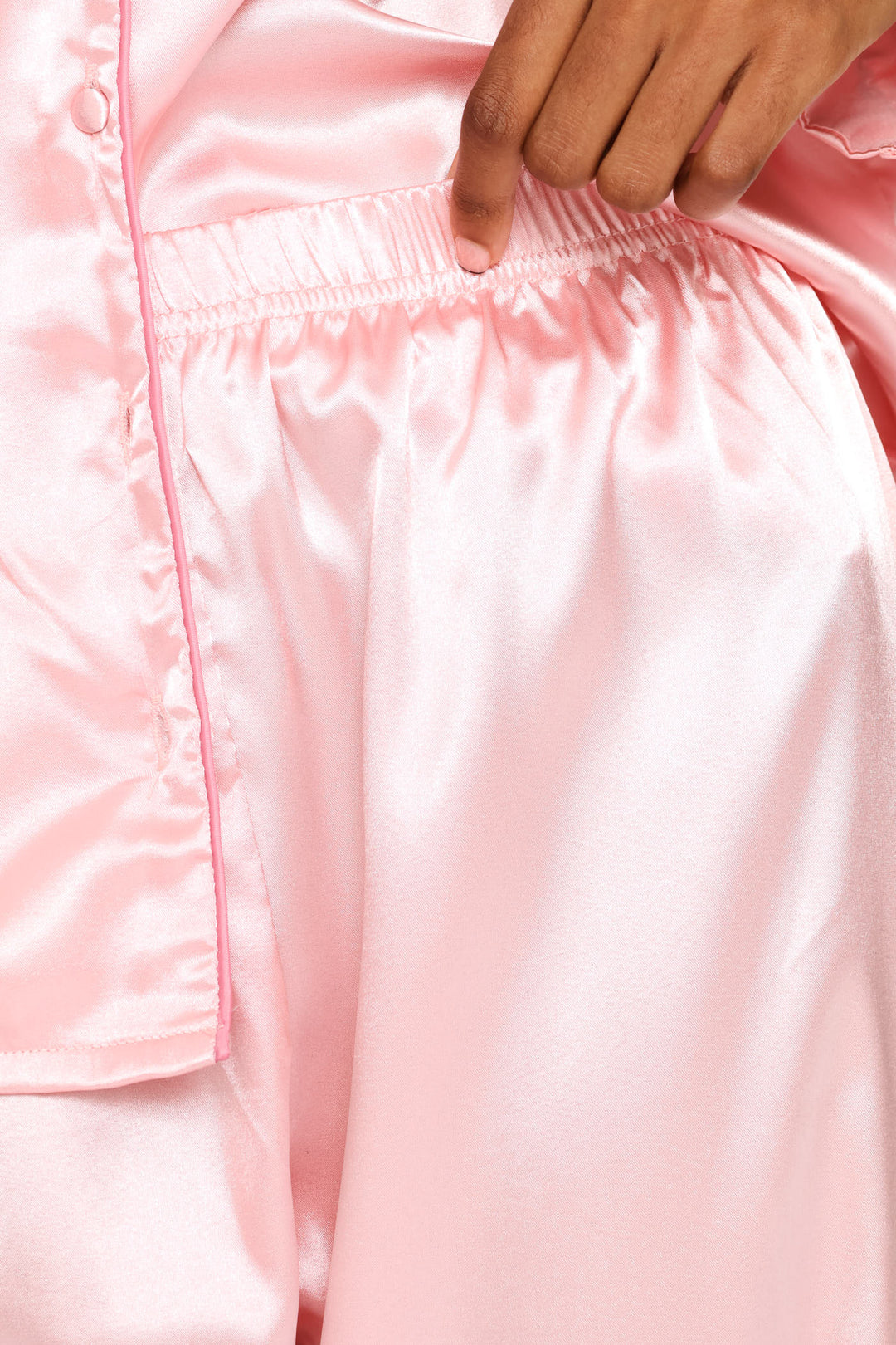 Long Sleeve Satin Button Through & Pant Set - Pink