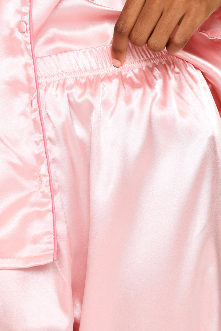 Long Sleeve Satin Button Through & Pant Set - Pink