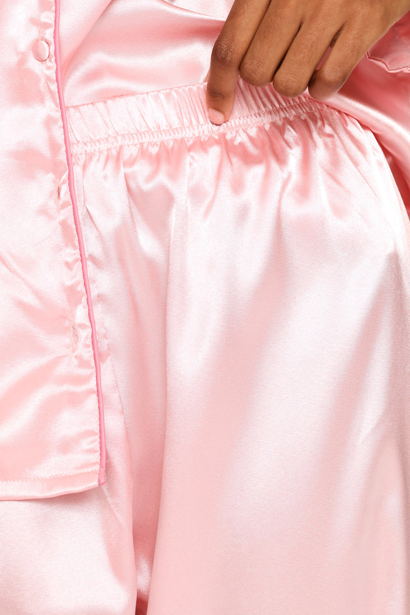Long Sleeve Satin Button Through & Pant Set - Pink