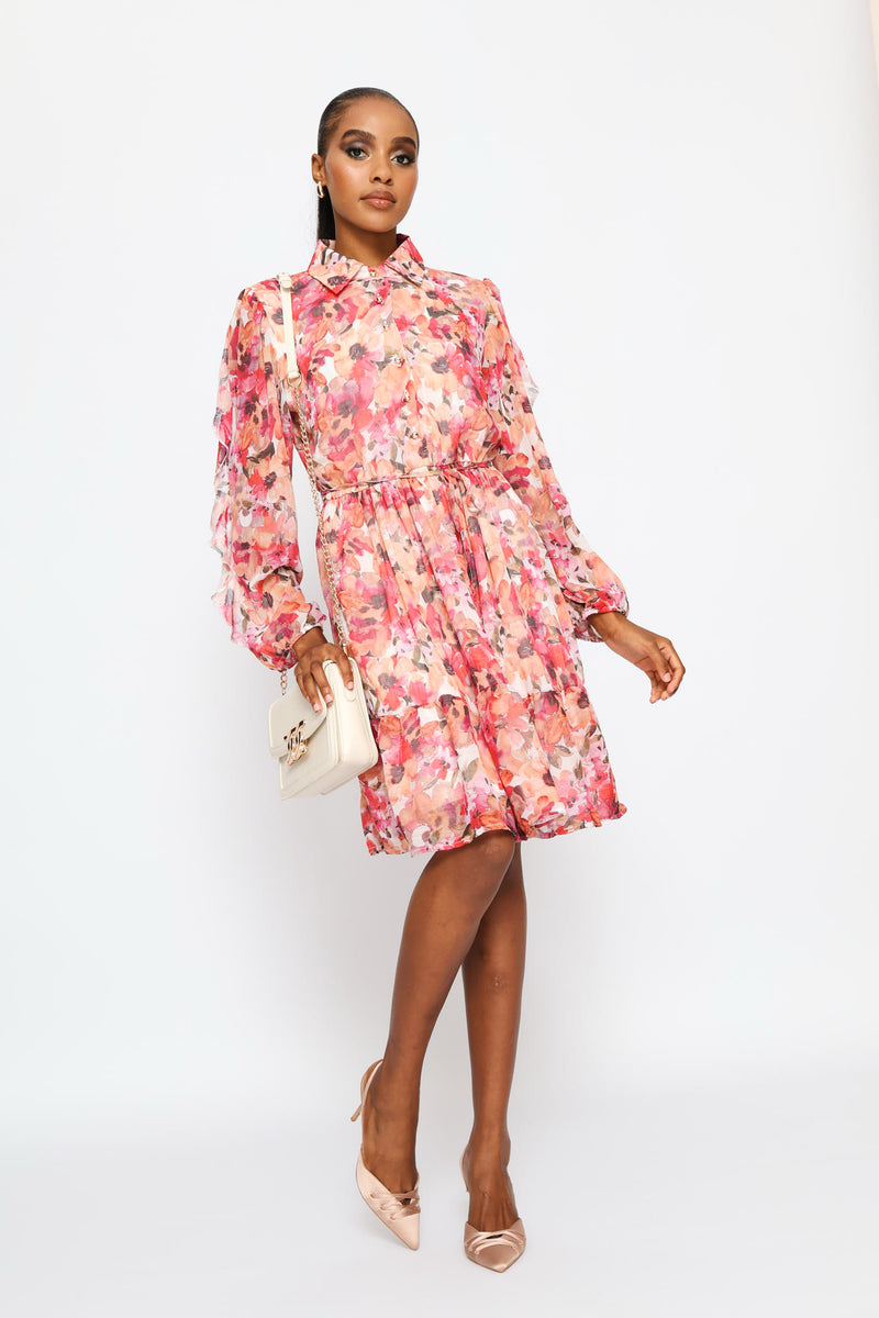 Frill Sleeve Belted Tiered Tea Dress - Multi