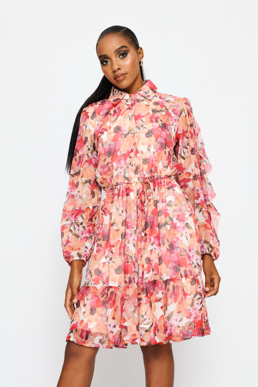 Frill Sleeve Belted Tiered Tea Dress - Multi