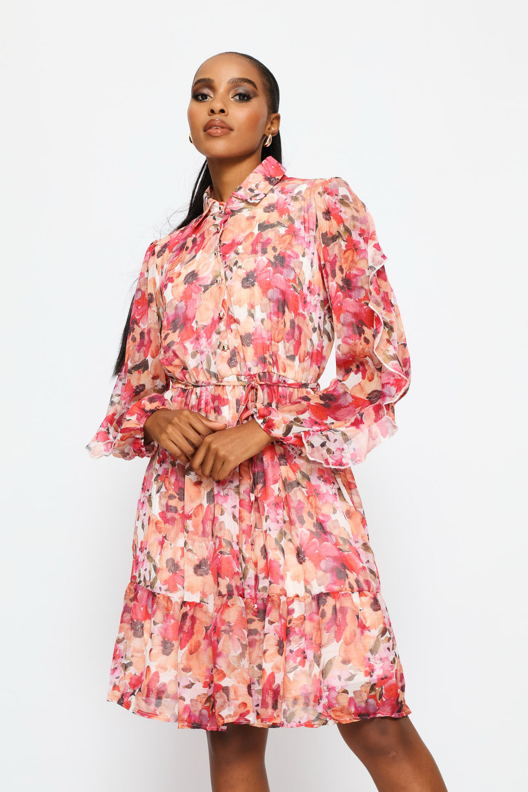 Frill Sleeve Belted Tiered Tea Dress - Multi