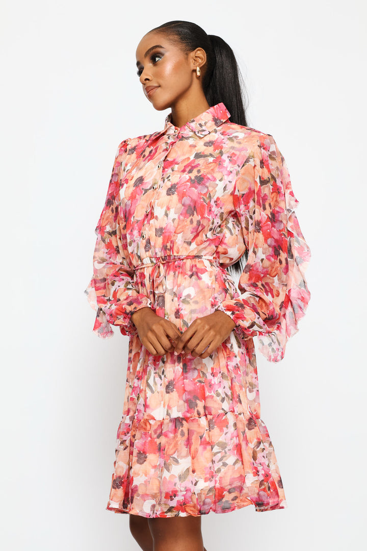 Frill Sleeve Belted Tiered Tea Dress - Multi