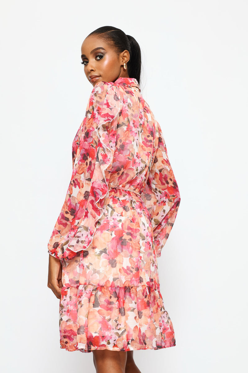 Frill Sleeve Belted Tiered Tea Dress - Multi