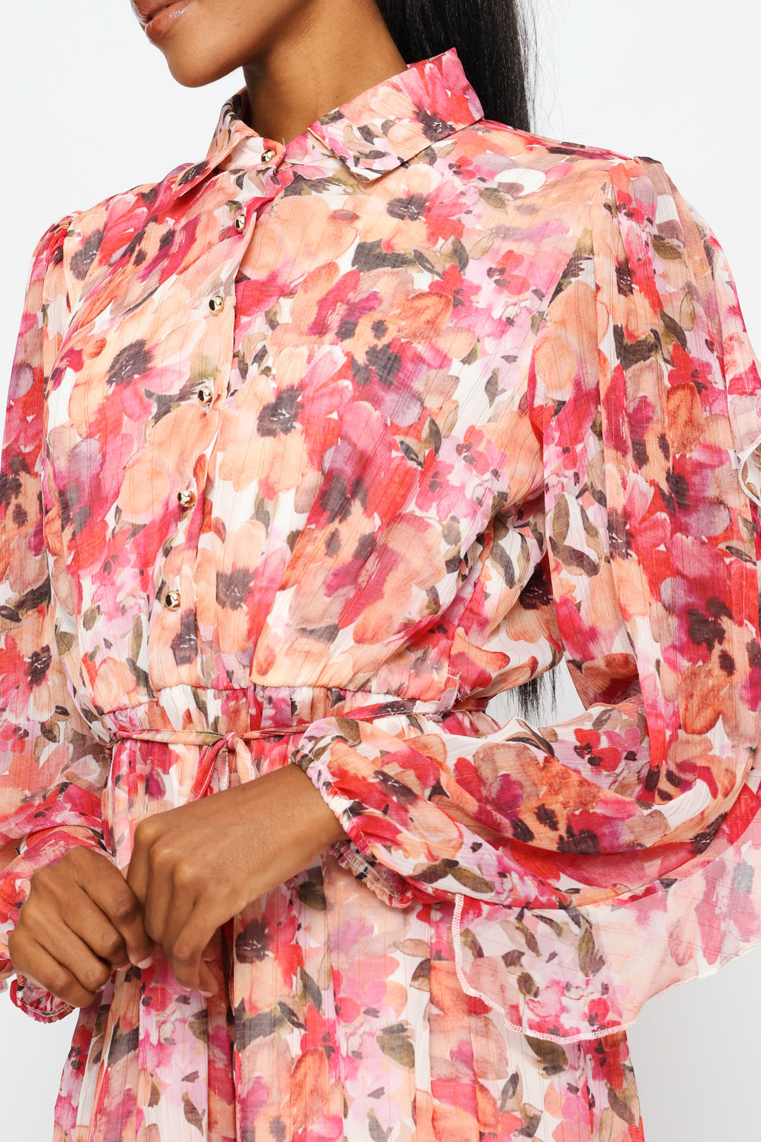 Frill Sleeve Belted Tiered Tea Dress - Multi