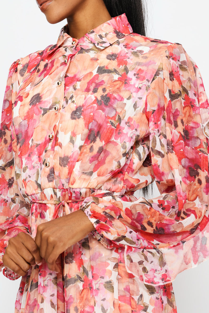 Frill Sleeve Belted Tiered Tea Dress - Multi